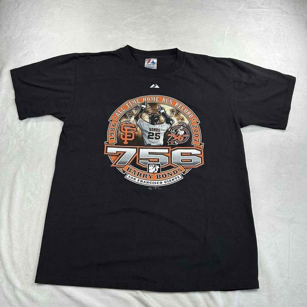 Barry Bonds 756‎ Home Run Record T Shirt Mens Large Black Majestic Giants 2007